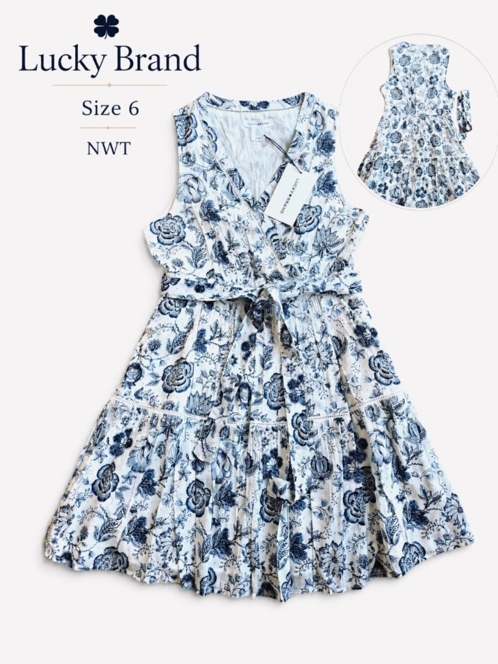 Lucky Brand Blue Floral Sleeveless Wrap Dress
